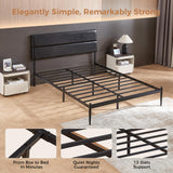 Queen Size Platform Bed Frame with Upholstered Headboard - Dark Black