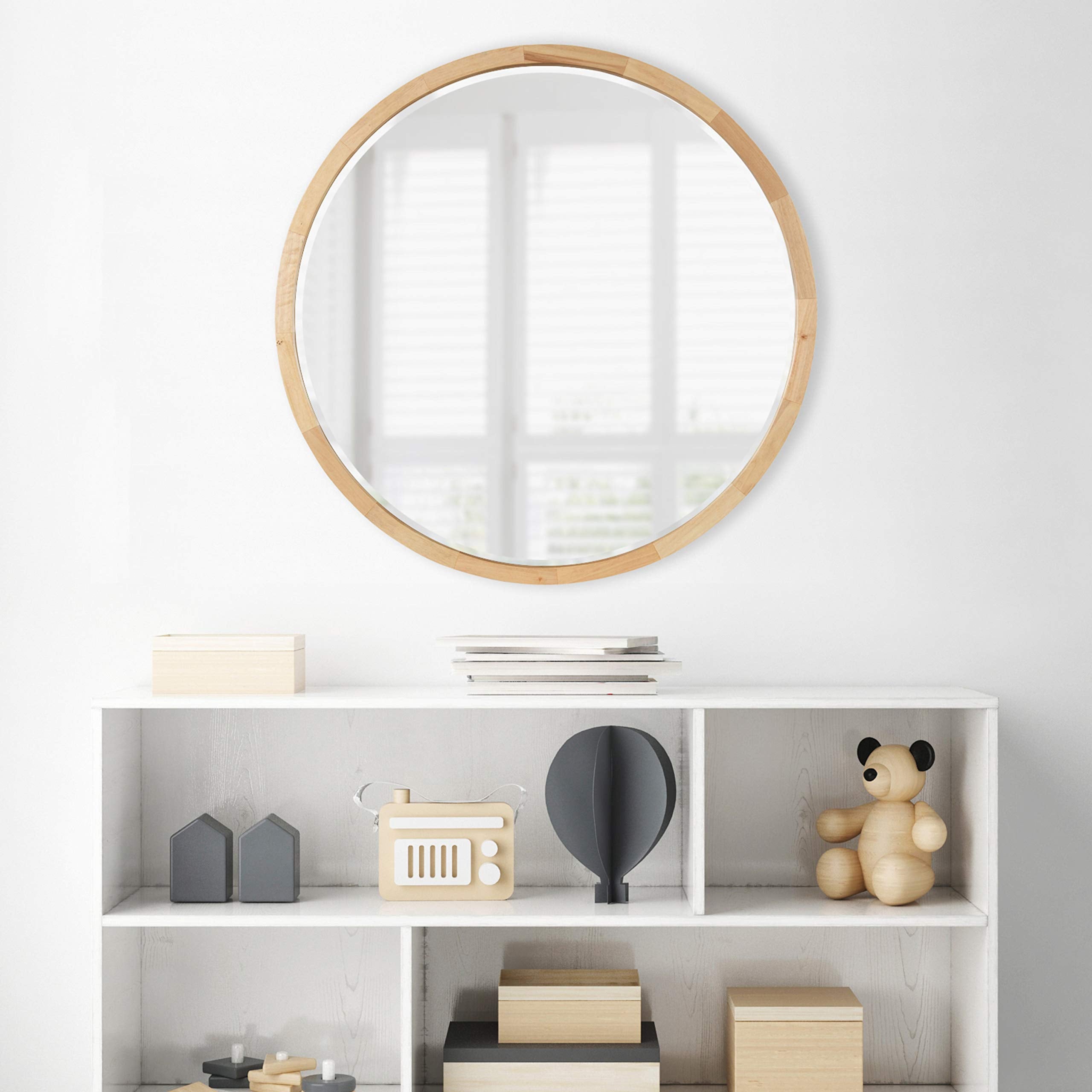 McLean Mid-Century Wood Framed Wall Mirror, 24 inch Diameter