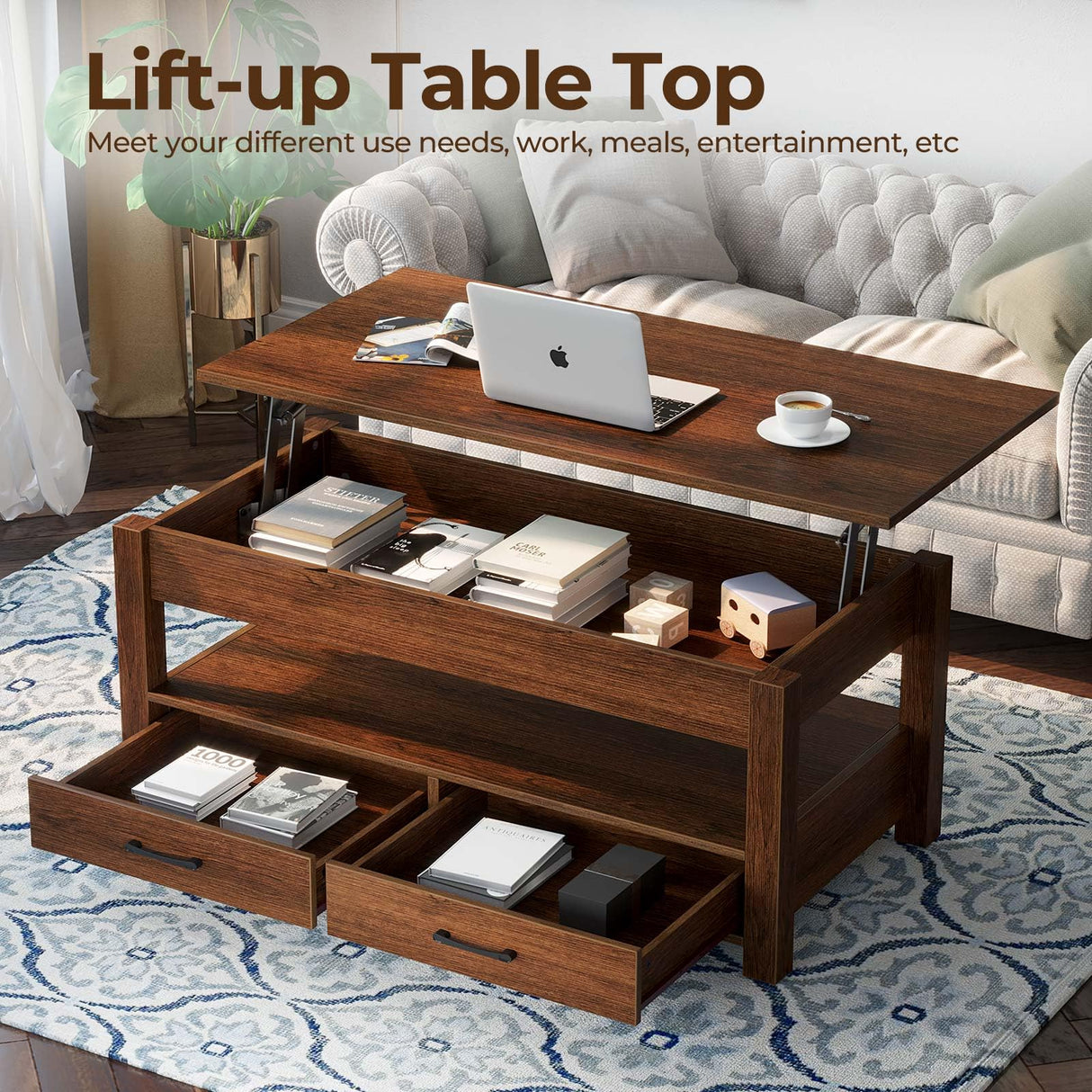 Coffee Table, Lift Top Coffee Table with Drawers and Hidden Compartment