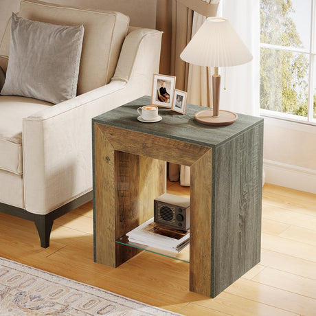 End Table for Living Room, 2-Tier Sofa Side Table with Glass Storage Shelf