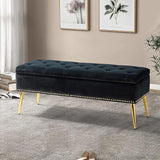 Modern Velvet Storage Ottoman Bench with Gold Base & Nailhead Trim, Upholg Room Dining Room