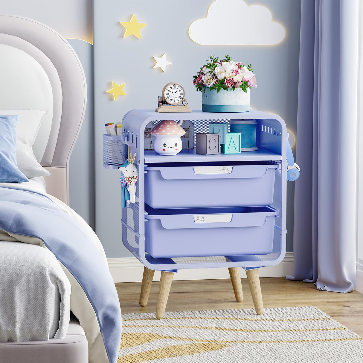 Nightstand,Cute End Table with Storage Drawer, Bedside Table Small Blue Bedroom Furniture