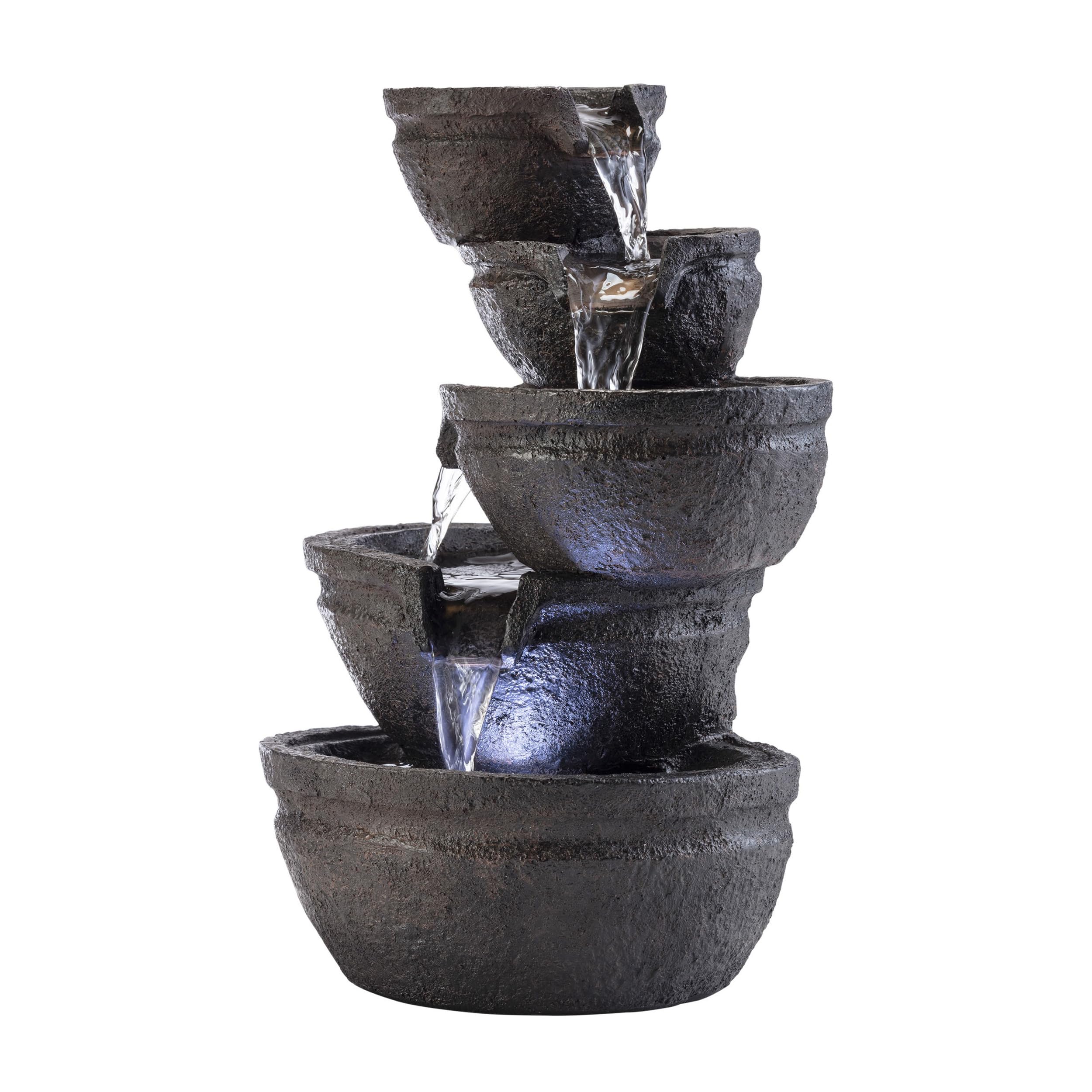 WIN1138 13" Indoor Tabletop Tiering Bowls Water Fountain with LED Lights – Cascading Water Feature for Home