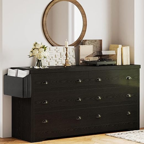 Dresser for Bedroom 6 Drawer with Charging Station, TV Stand Storage Chest of Drawers for Living Room Hallway Entryway, MDF Board, Black