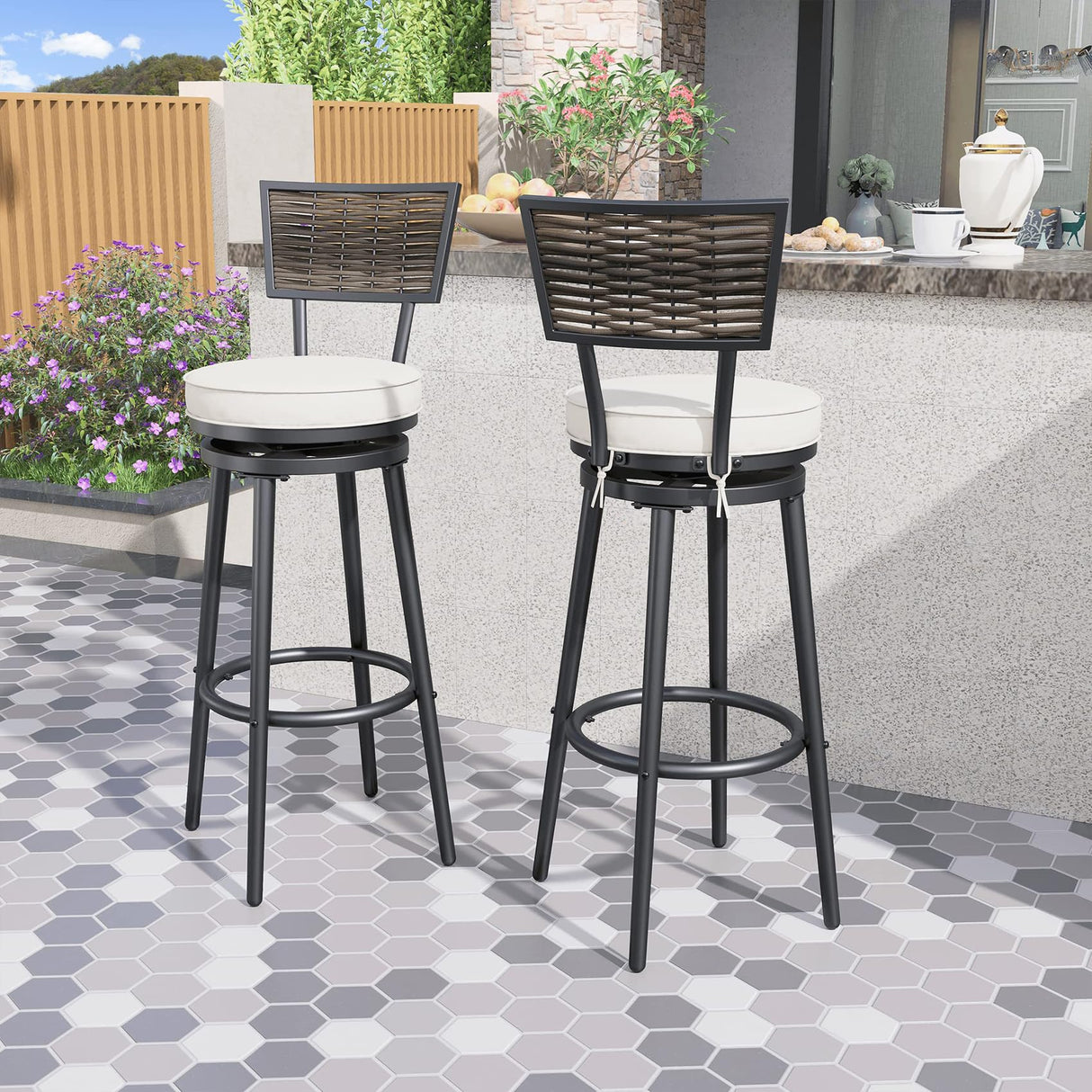 Patio Bar Stools Outdoor Swivel Bar Height Stool Chairs Set of 2