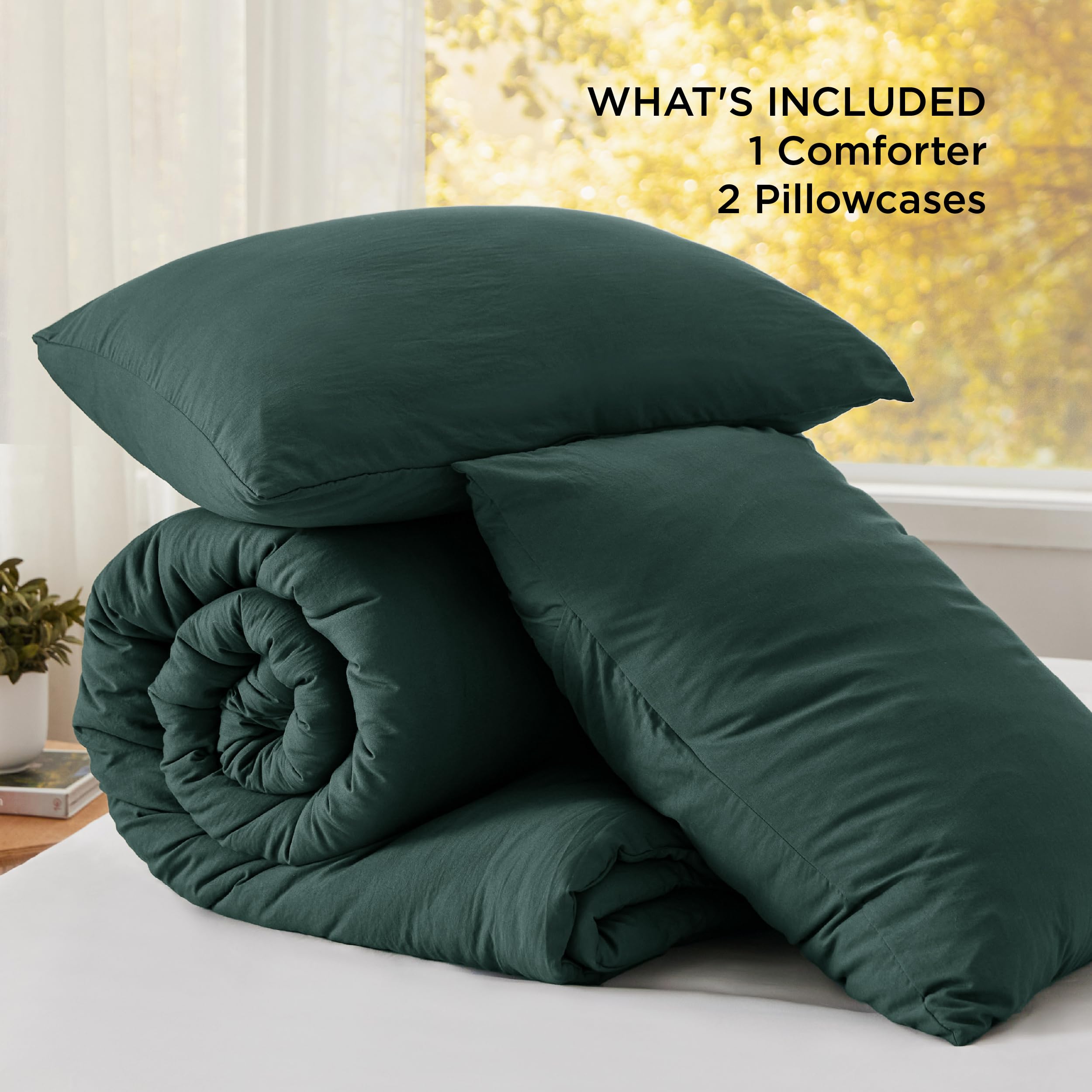 Queen Size Comforter Set - Forest Green Prewashed Bedding