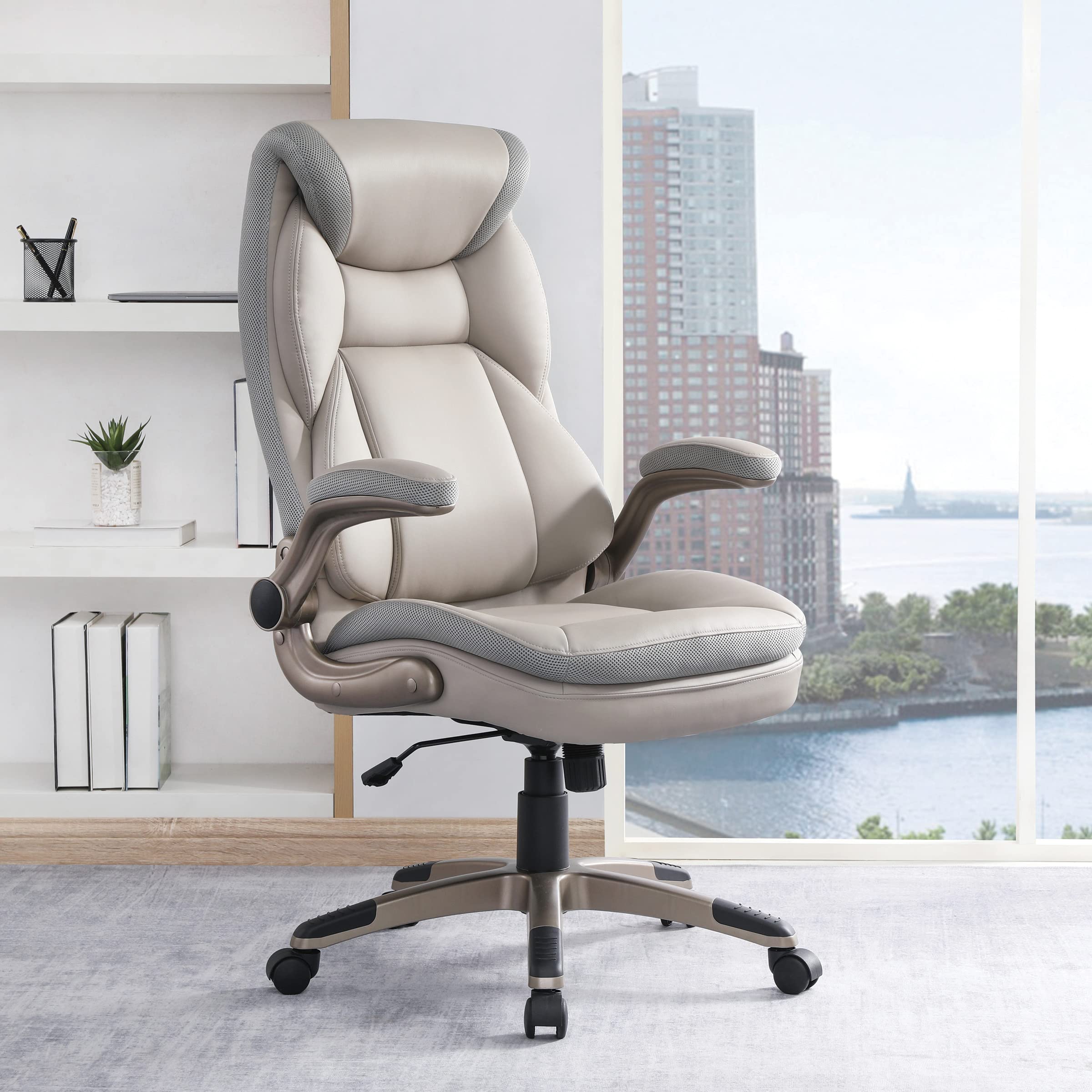 ECH Series Executive Bonded Leather Office Chair with Lumbar Support and Padded Height Adjustable Arms, Taupe with Cocoa Coated Nylon Base