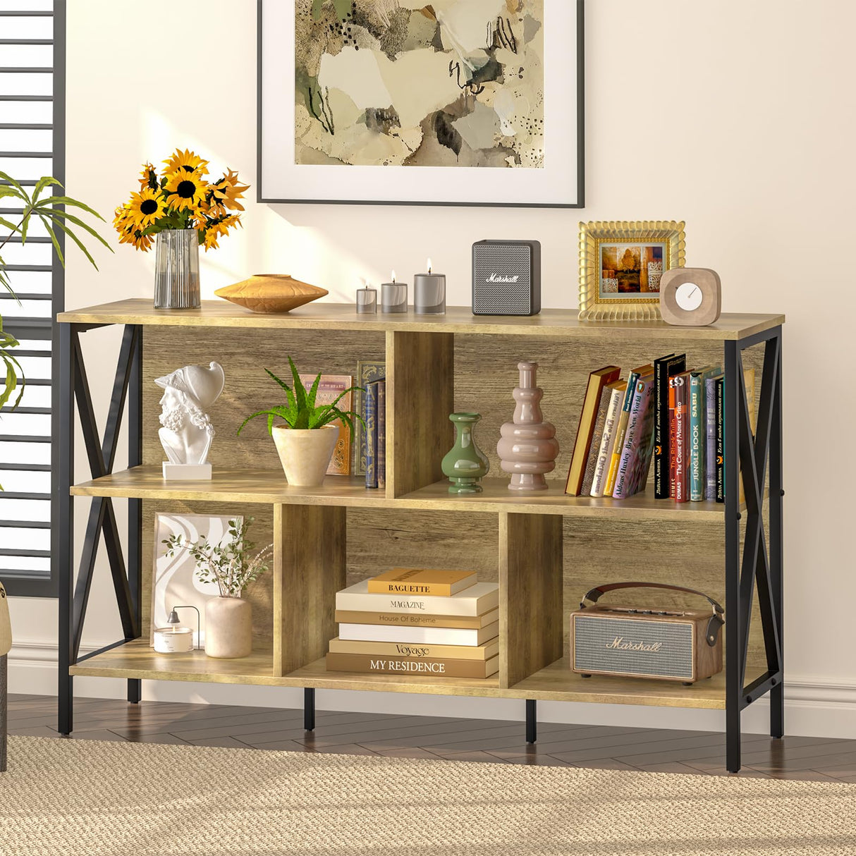 Horizontal Bookshelf,Industrial Modern 5 Cube Low Wide Cubby Bookcase