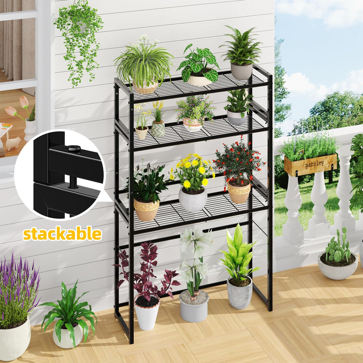 3 Tier Metal Plant Stand Outdoor Indoor Waterproof, Stackable Heavy Duty Tall Plant Shelf