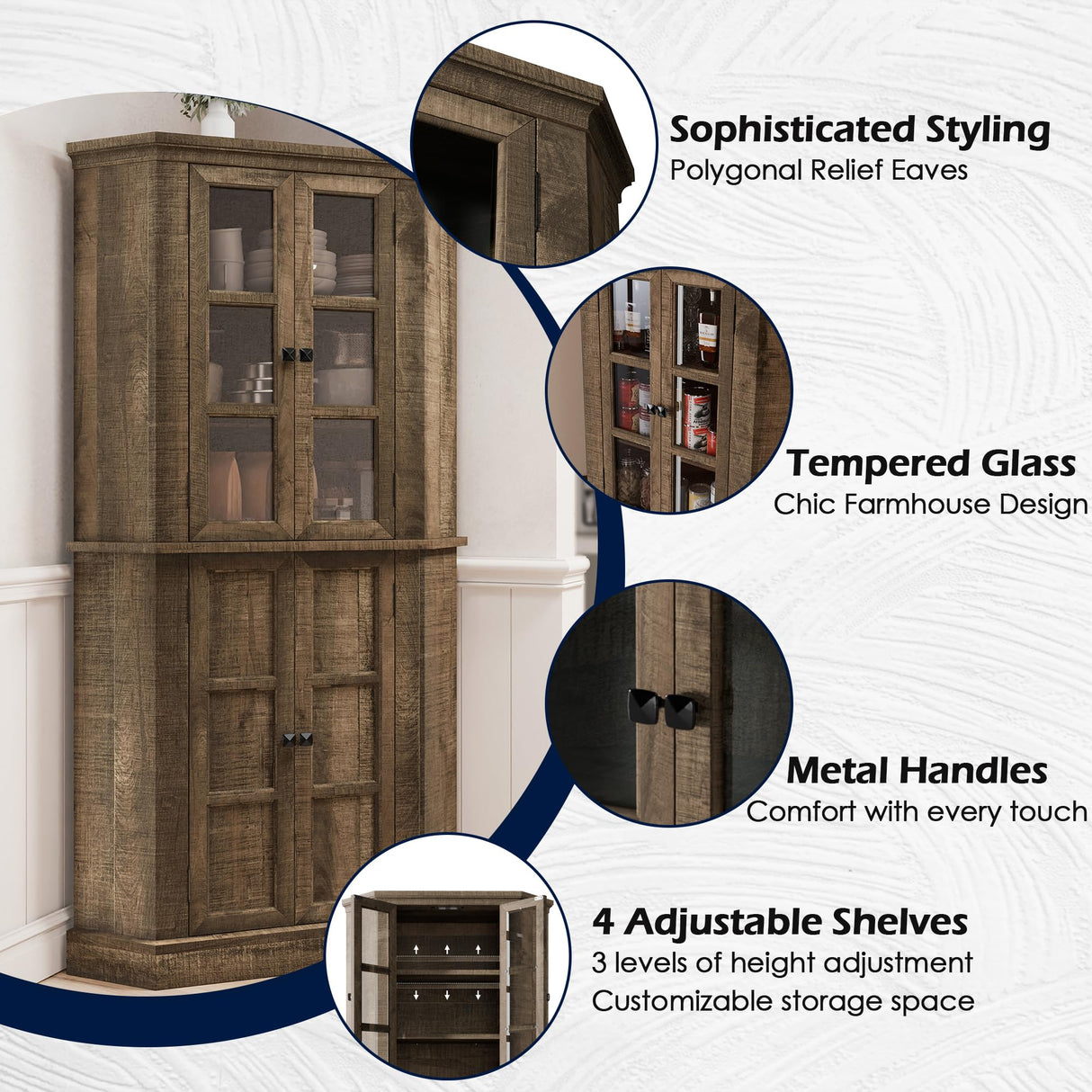 Corner Storage Cabinet, 67" Kitchen Corner Pantry Cabinet with Glass Doors, Farmhouse