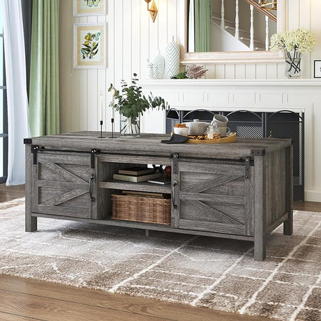 Farmhouse Coffee Table with Sliding Barn Doors & Storage