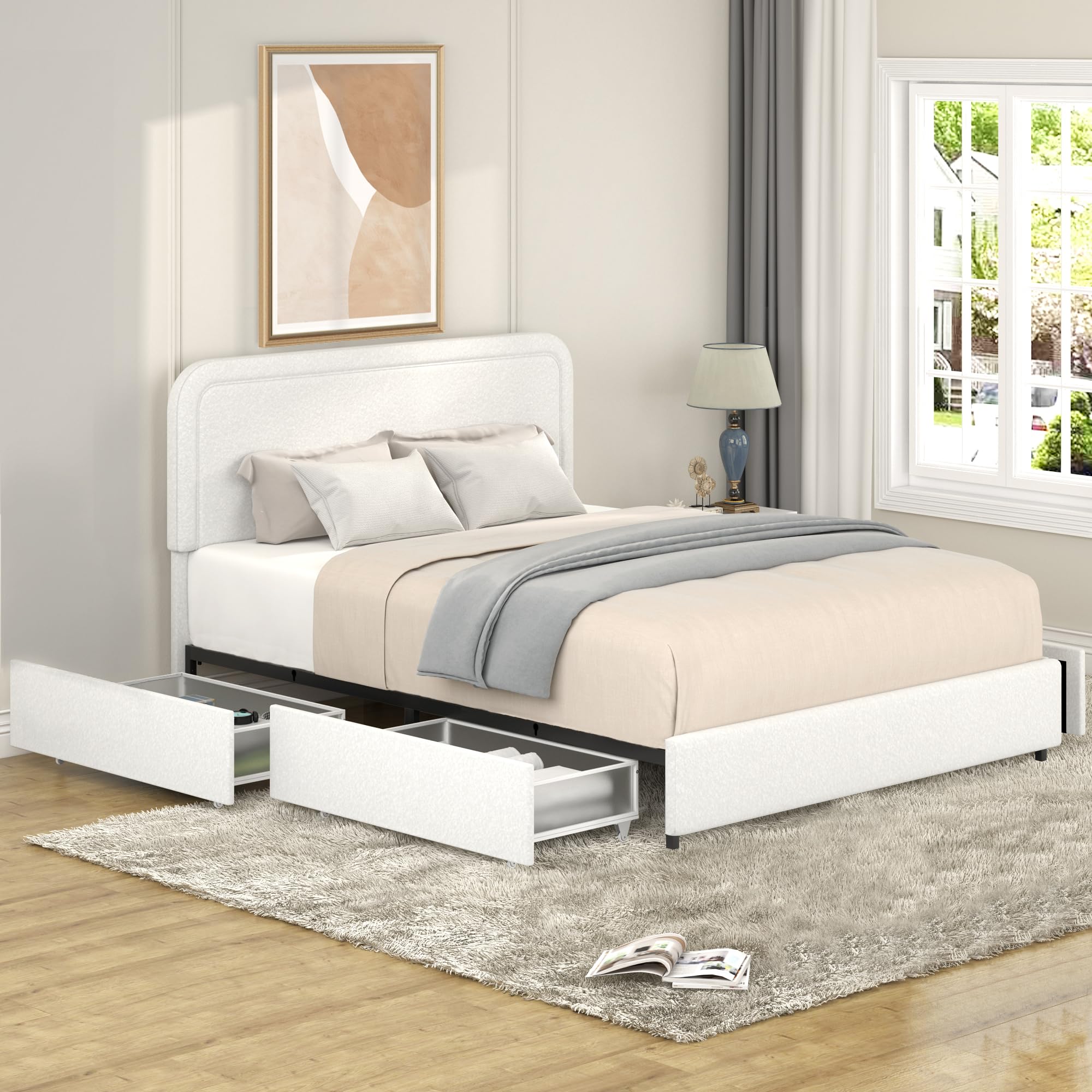 Queen Size Upholstered Bed Frame, Platform Bed with Patented 4 Drawers Storage and Headboard,