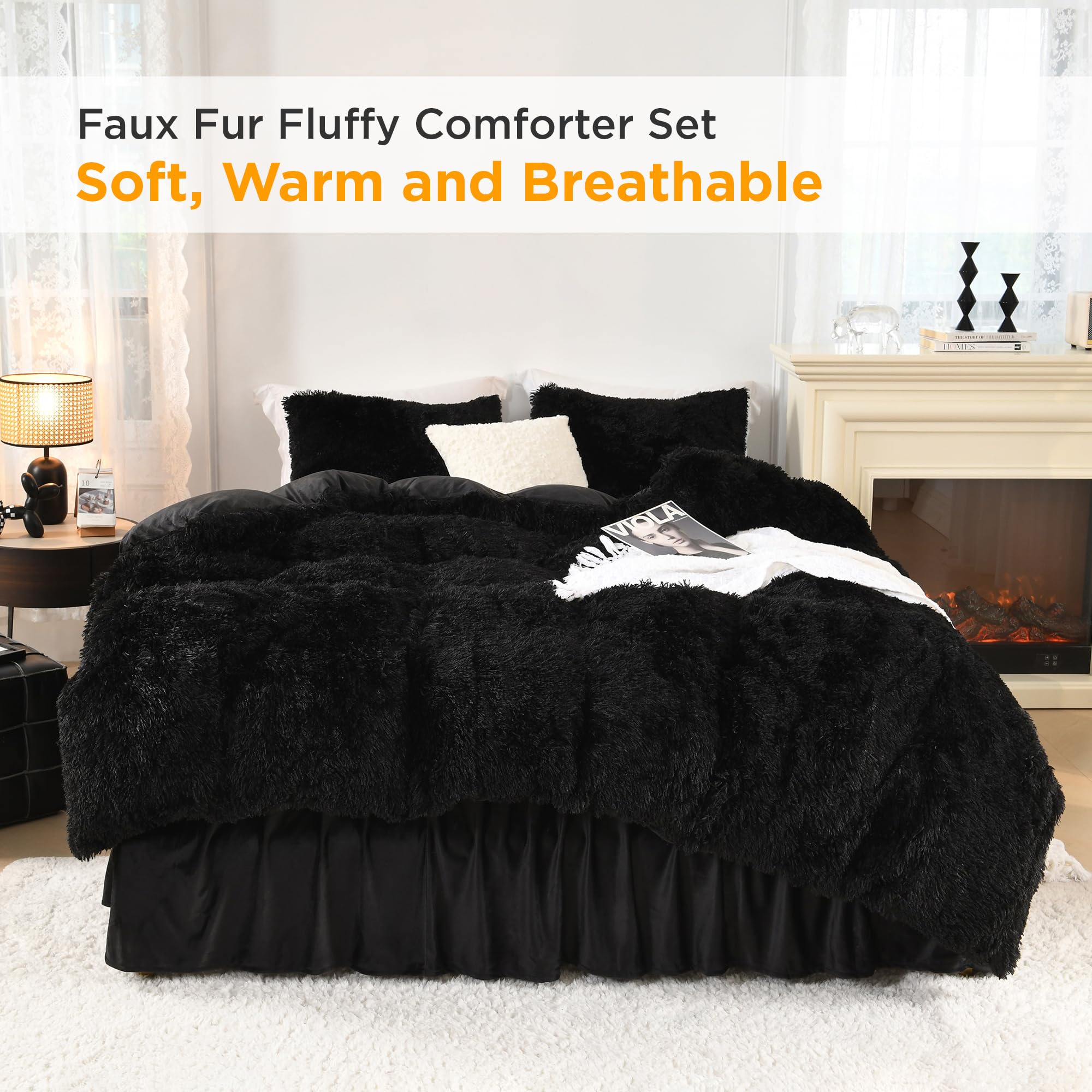 Black Fluffy Comforter King Size, Luxury Plush Faux Fur Bedding Set for King Bed,