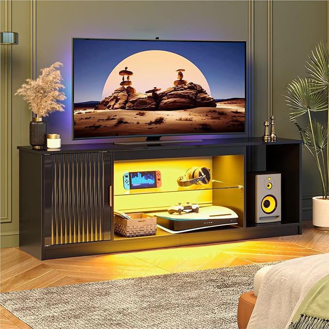 LED TV Stand for PS5,Modern Gaming Entertainment Center with Cabinet for 60/65 Inch TV