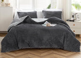 Olive Green Comforter Set Queen, 3pcs Reversible Boho Ball Pom Fringe Aesthetic Striped