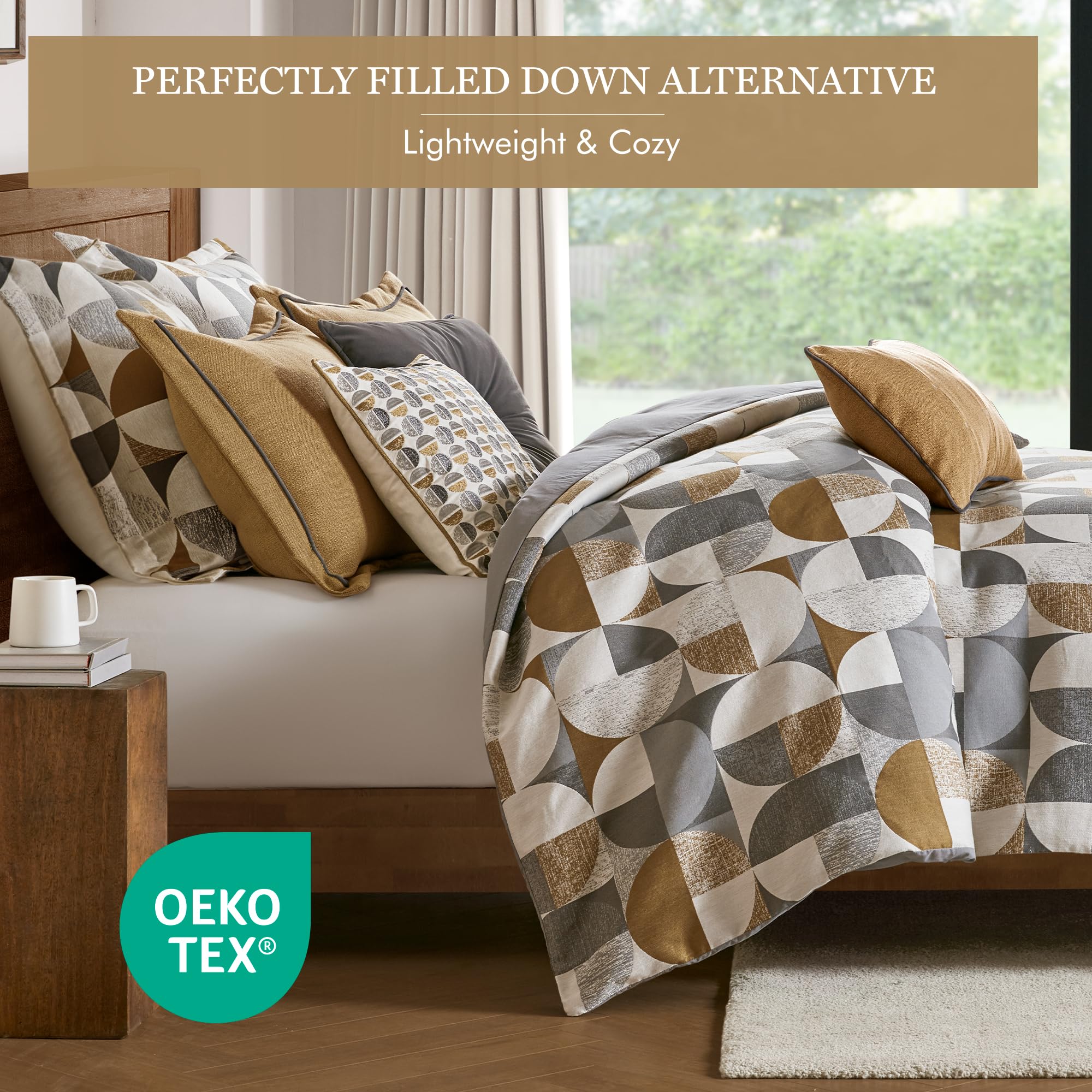 King Comforter Set - Jacquard Scandinavian Geometric Oversized 9 Piece Gold
