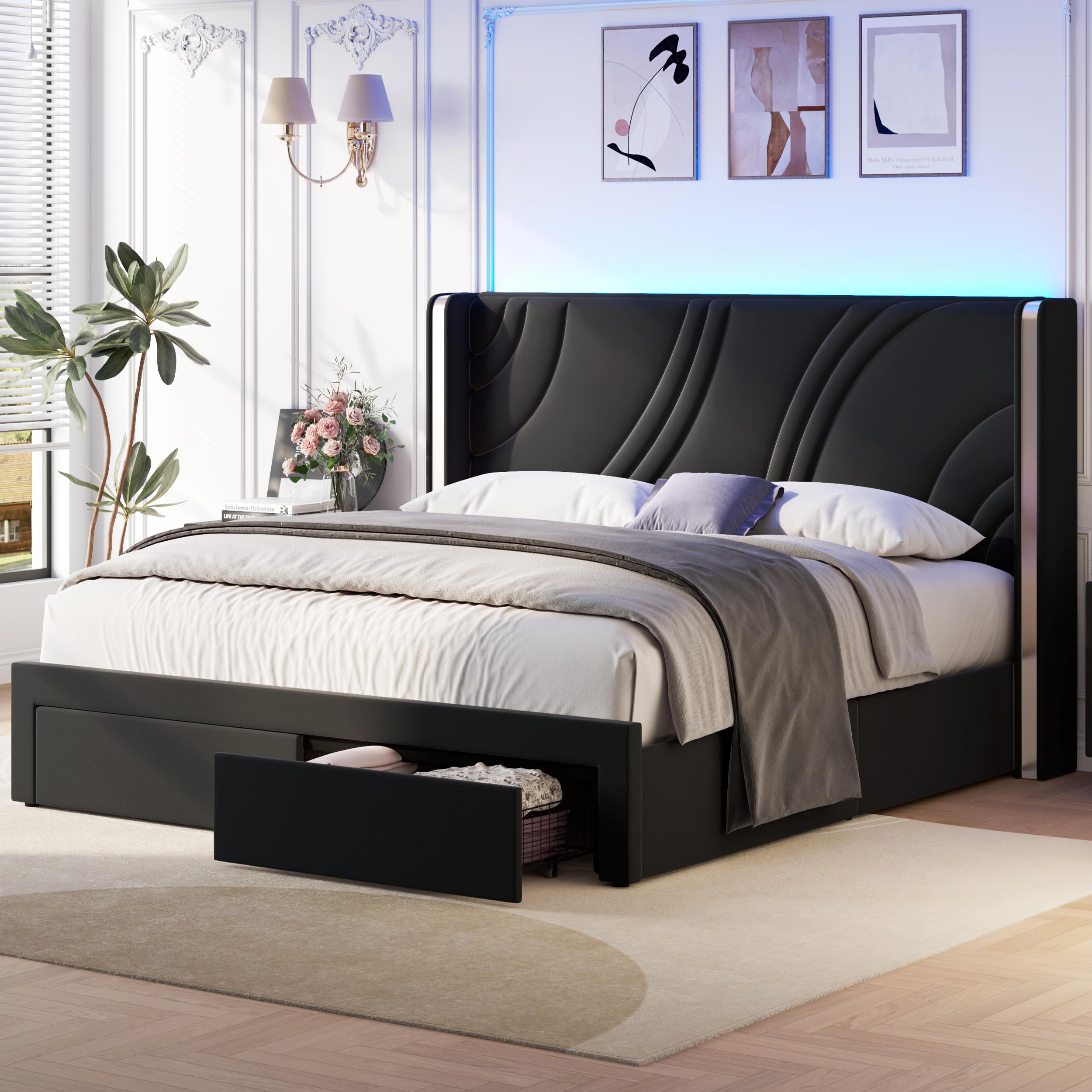 Queen Size Velvet Upholstered LED Platform Bed with Storage Drawers