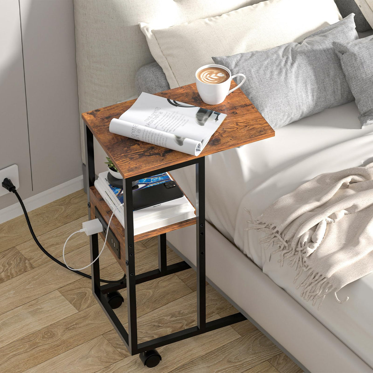 C Shaped End Table, Side Table with Charging Station, Nightstand, Sofa Table