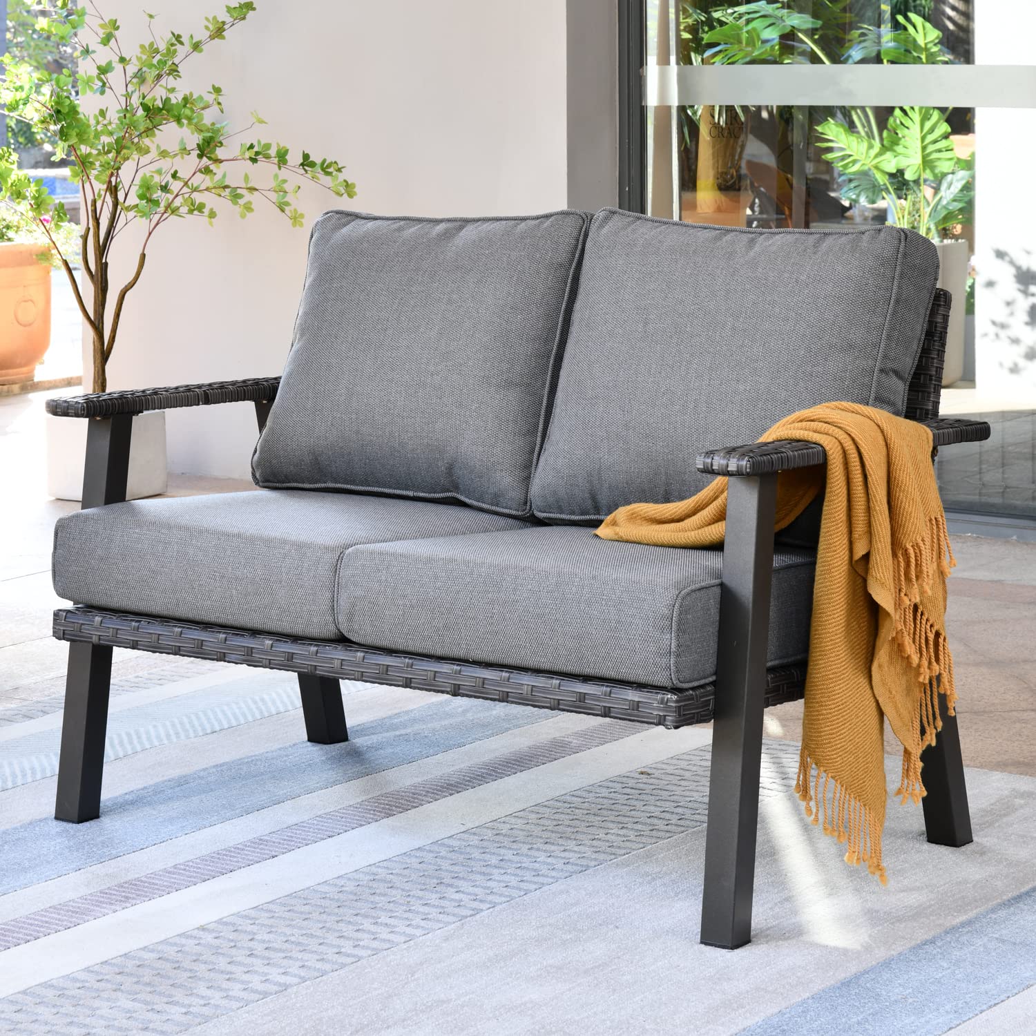 Patio Furniture Loveseat 2-Seats Sofa Outdoor Wicker Rattan All Weather High Back
