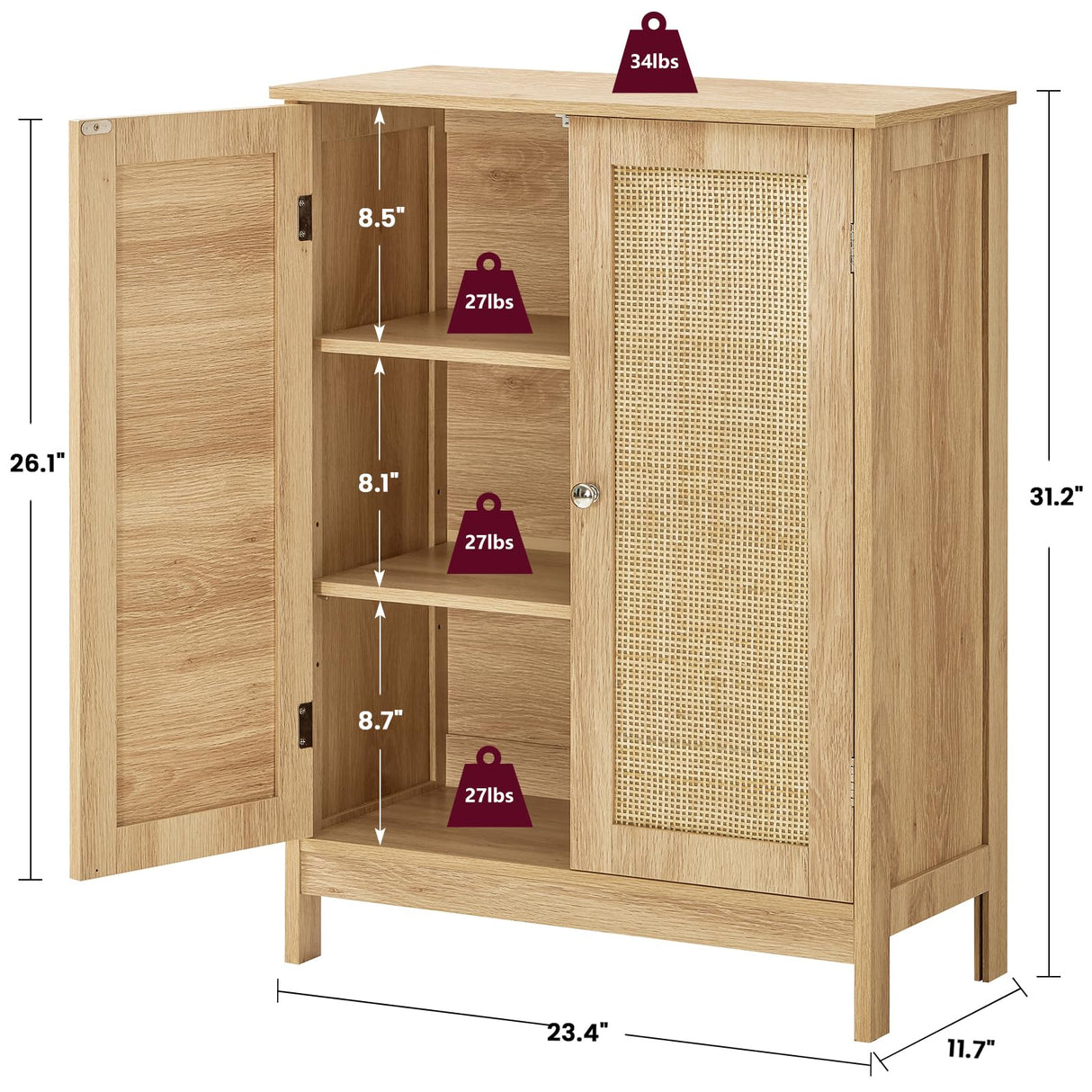 Storage Cabinet with Rattan Doors, Bathroom Storage Cabinet with Adjustable Shelf