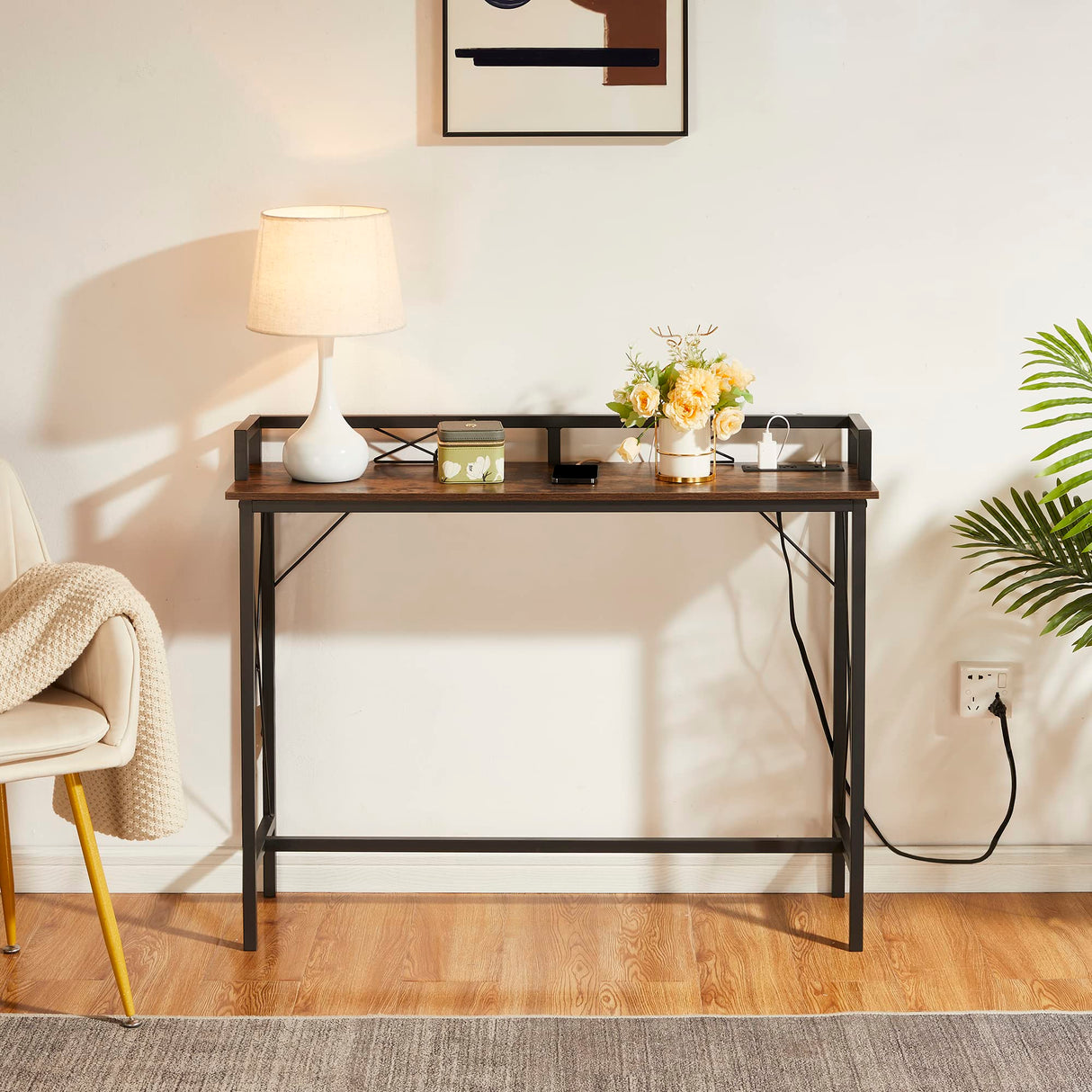 Couch Side & Console Table with 2 Outlets and USB Ports,