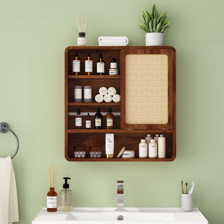 Wall Bathroom Cabinet with Flax Sliding Door, Wood Medicine Cabinet