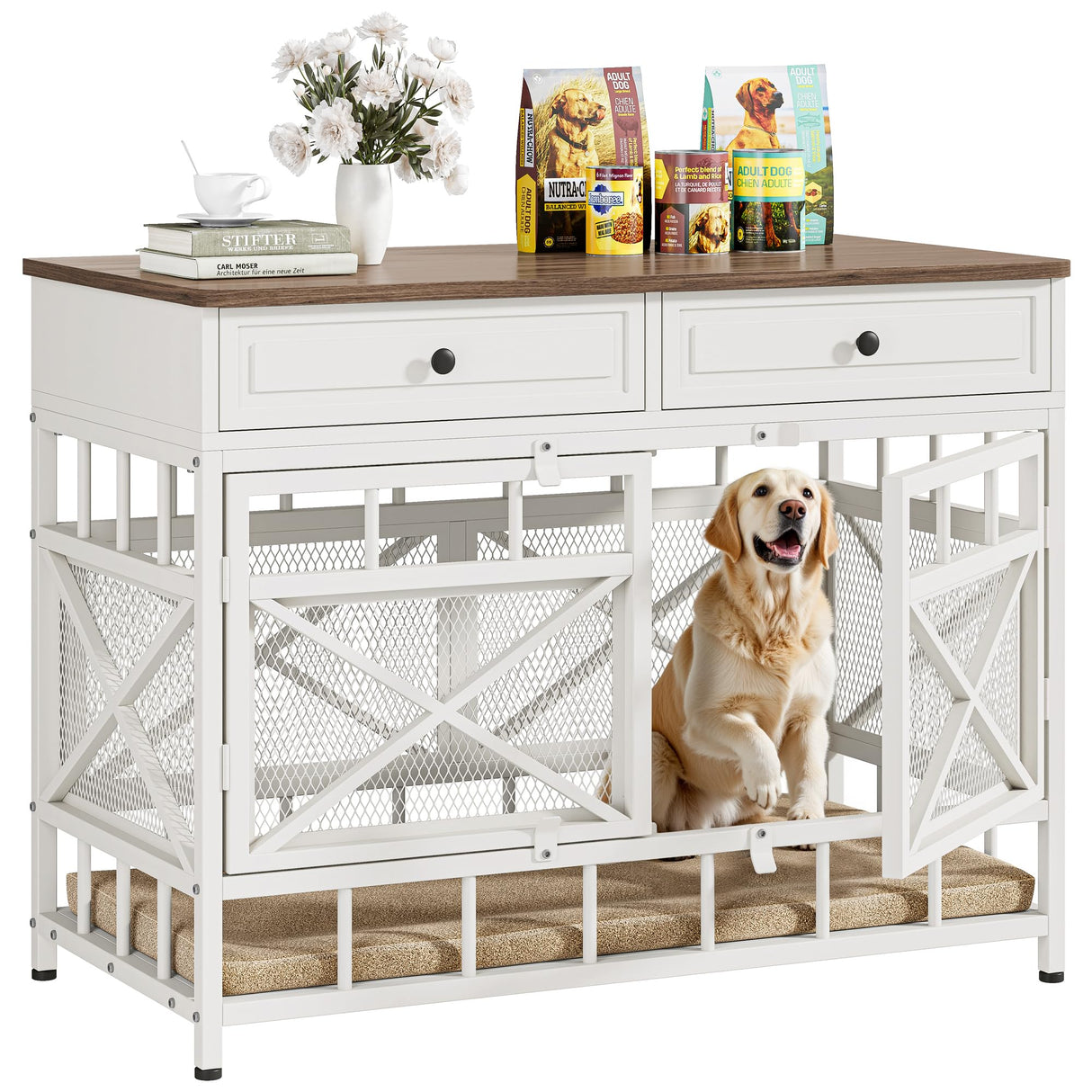 44" Large Dog Crate Furniture with Storage Drawers