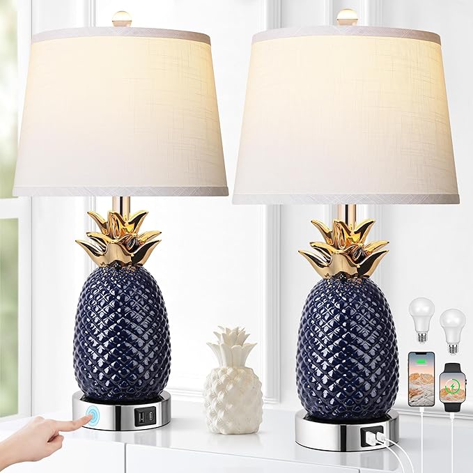 Table Lamps Set of 2, Modern Blue Glass Bedside Lamps