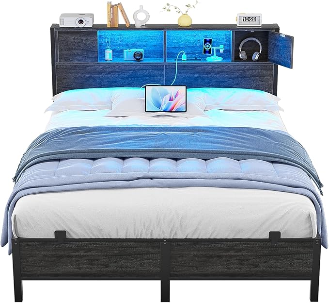 Queen Size Bed Frame with Storage Headboard