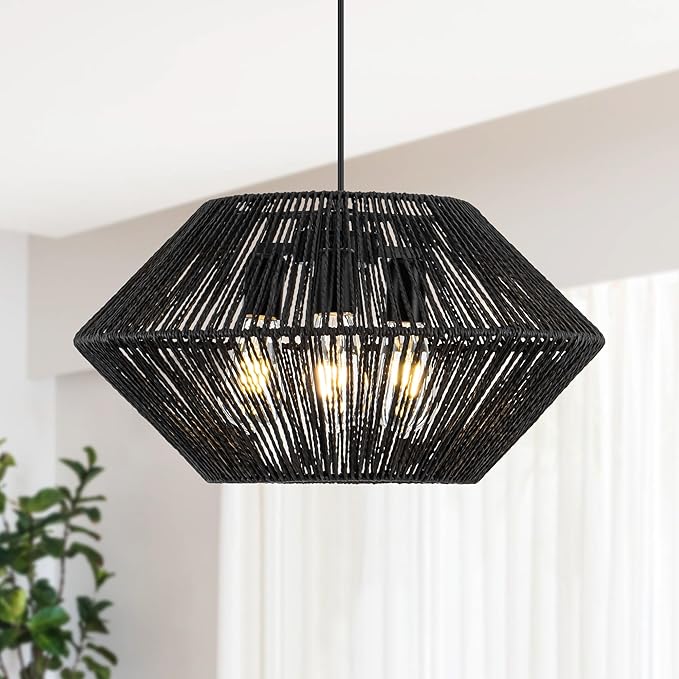 Woven Rattan Pendant Light, 19.5 Inch 3-Light Hemp Rope Boho Chandelier