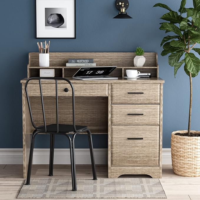 Computer Desk with Drawers and Hutch Shelf, Farmhouse Home Office Desk