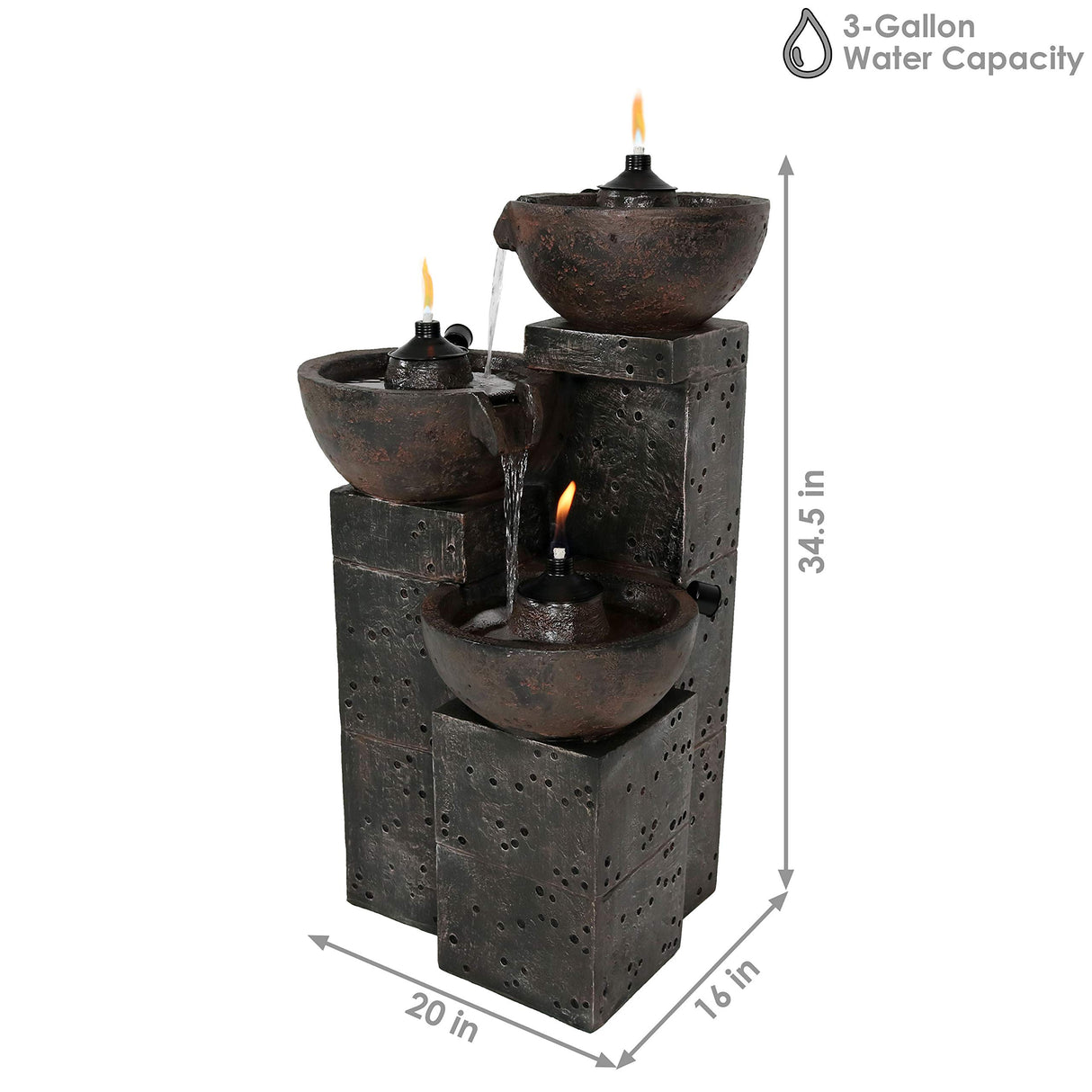 Sunnydaze Burning Bowls 34-Inch 3-Tier Outdoor Water Fountain and Fire Feature - 3 Torches - Electric Submersible Pump