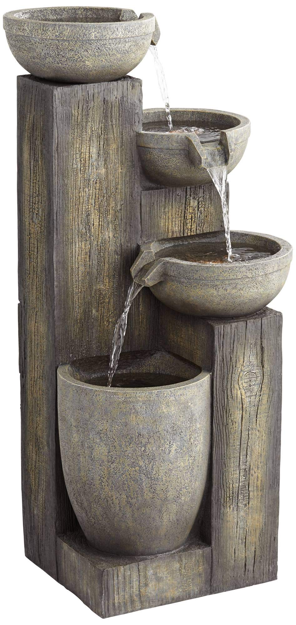 Four Tier Rustic Outdoor Floor Water Fountain 40 1/2" High with LED Light Cascading Bowls