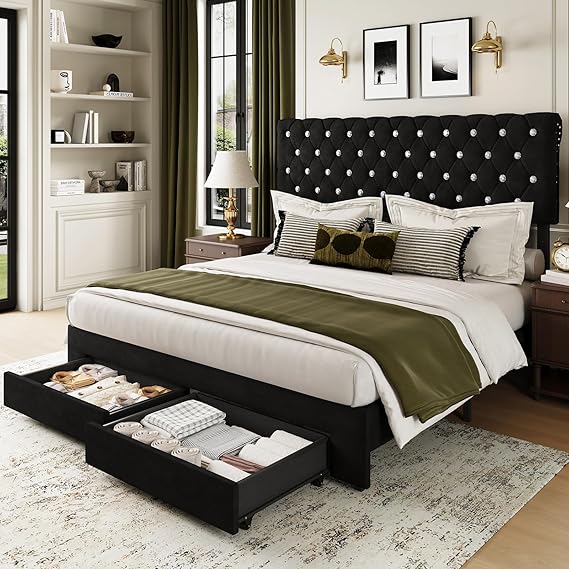 Full Bed Frame with Storage Drawer and Adjustable Headboard