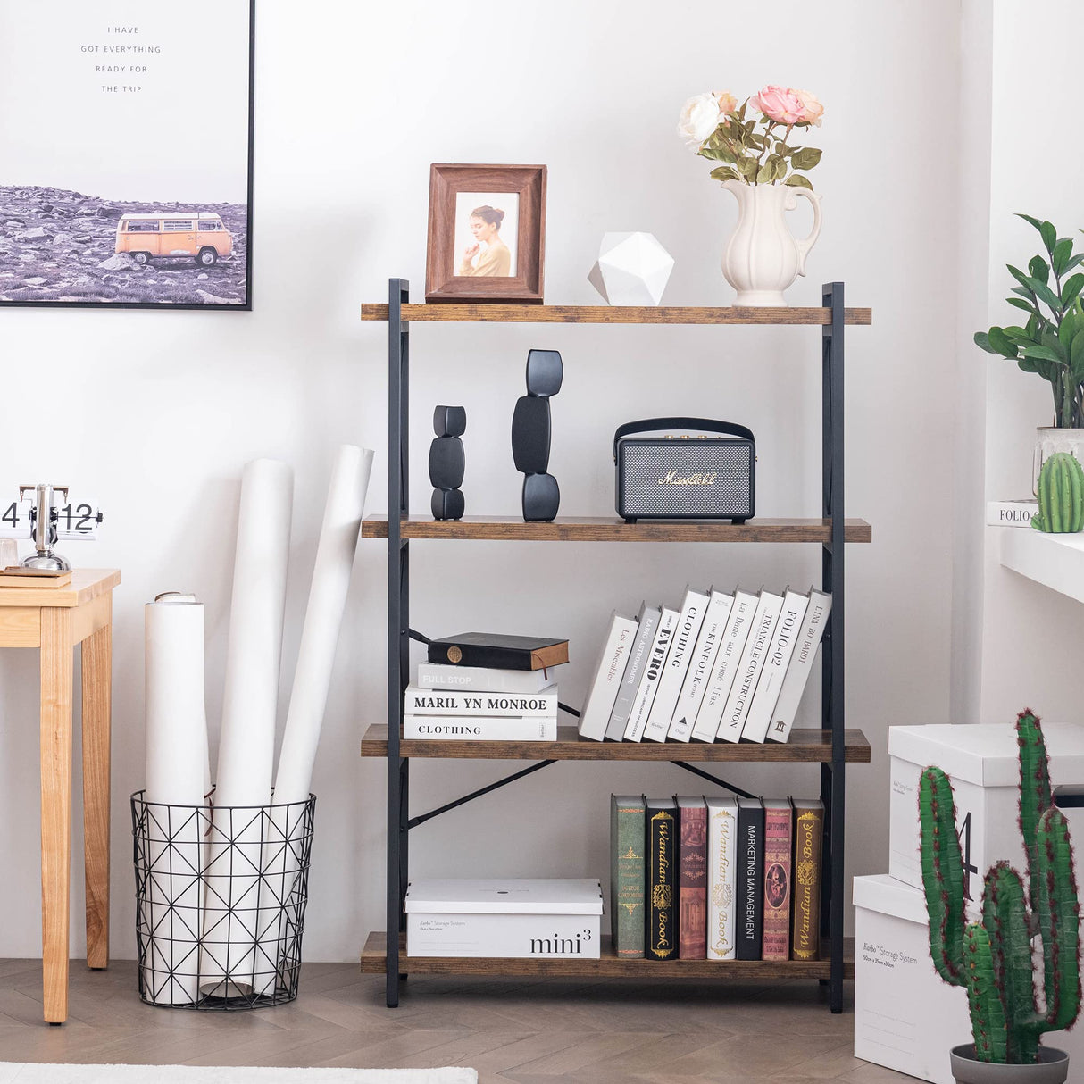 HCHQHS Bookshelf, 4-Tier Industrial Bookcase, Rustic Open Book Shelf, Freestanding Tall Bookshelves with Metal Frame