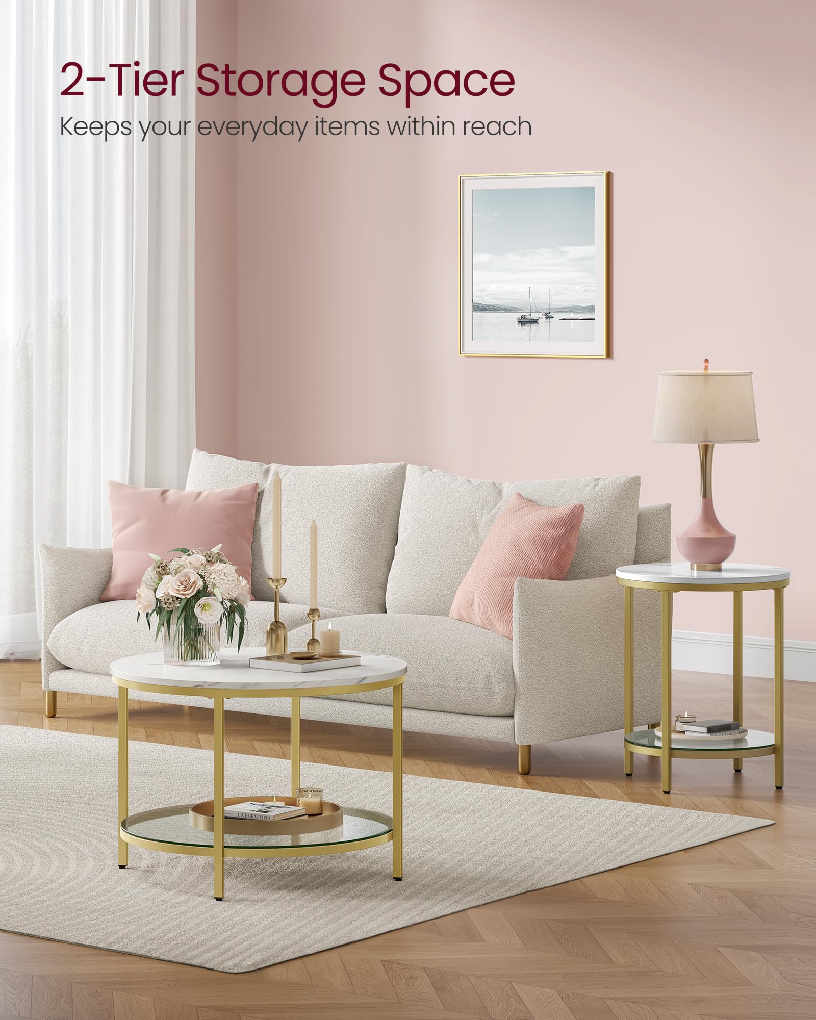 Round Coffee Table, Small Coffee Table with Faux Marble Top and Glass Storage Shelf