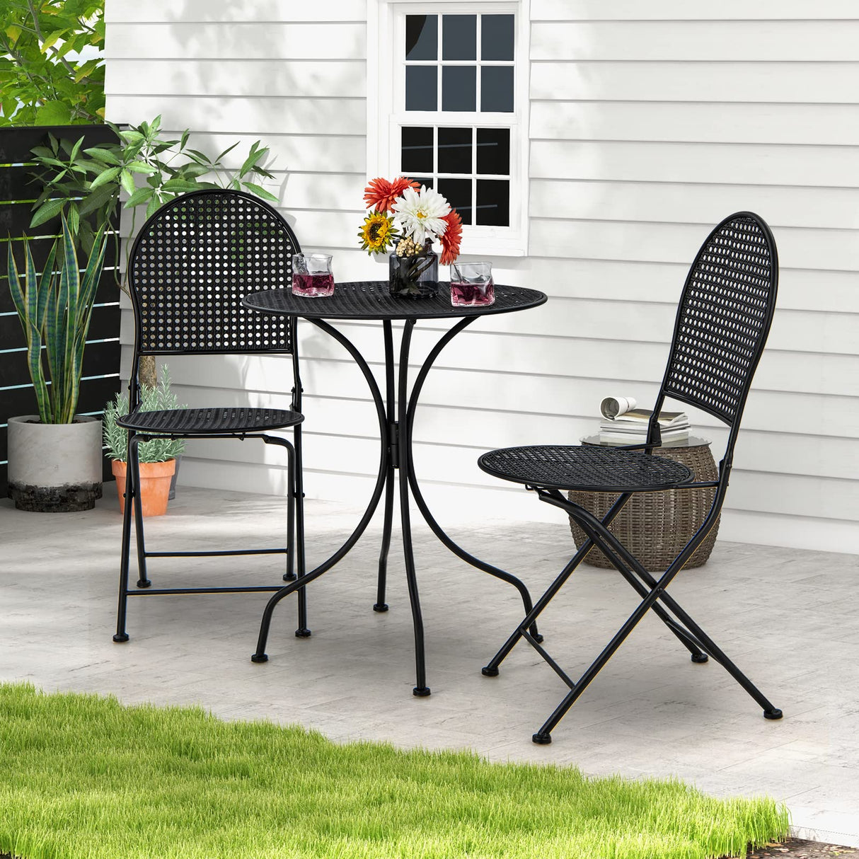 3 Pieces Patio Bistro Set, Metal Table and Folding Chair Set for 2