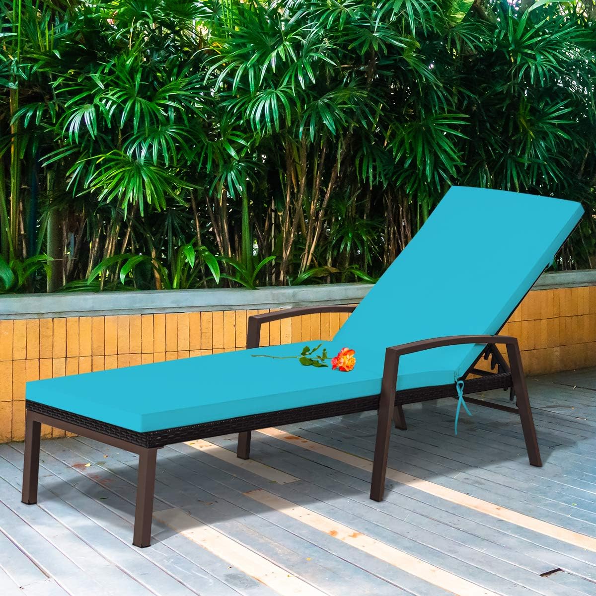 Patio Rattan Lounge Chair, Outdoor Reclining Chaise with Cushion and Armrest