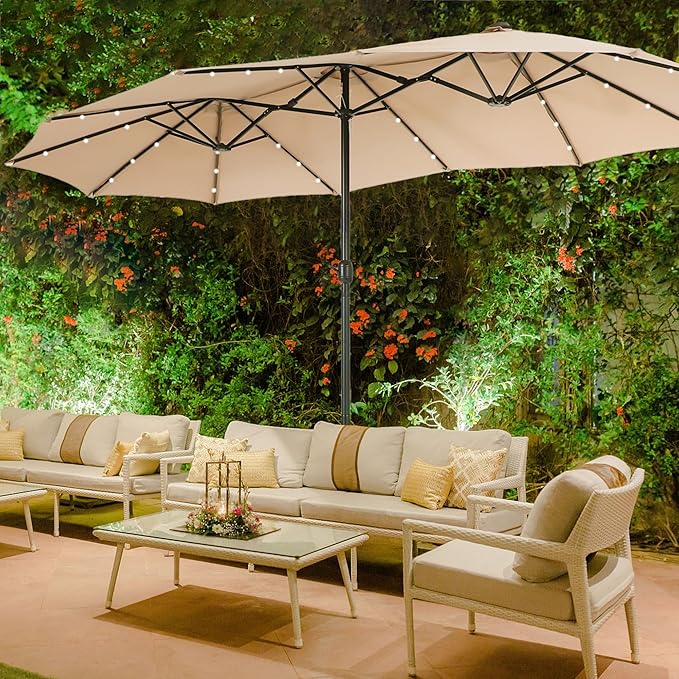 15 ft Extra Large Patio Umbrella with Solar Lights, Rectangular Outdoor Umbrella