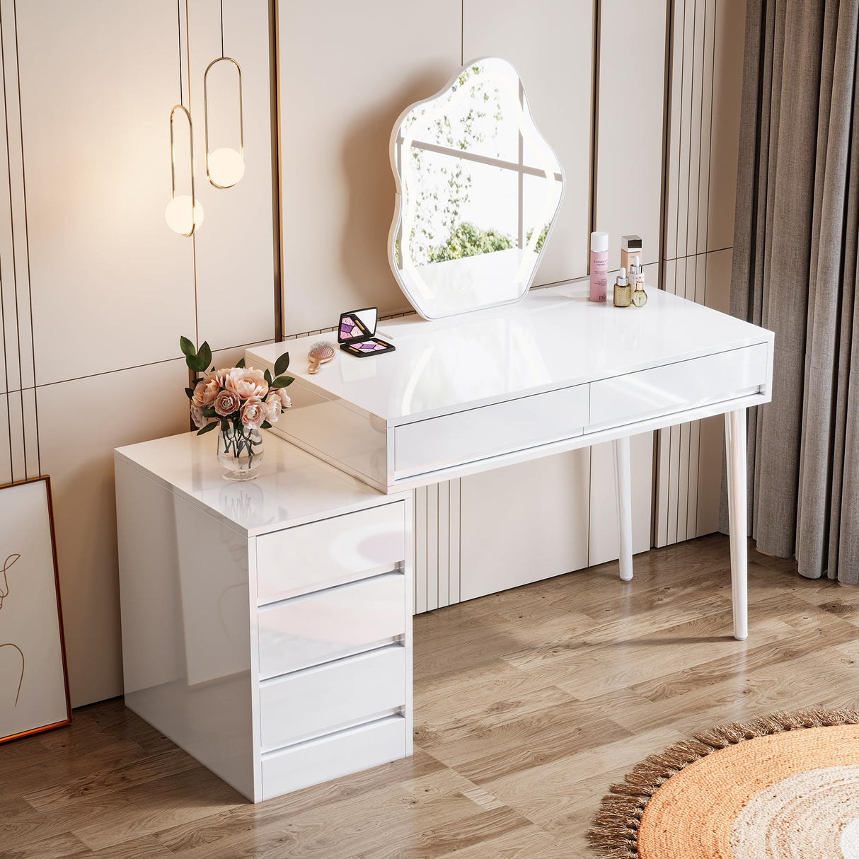 White Desk with 5 Drawers, Modern Home Office Desk with Storage Drawers and Printer