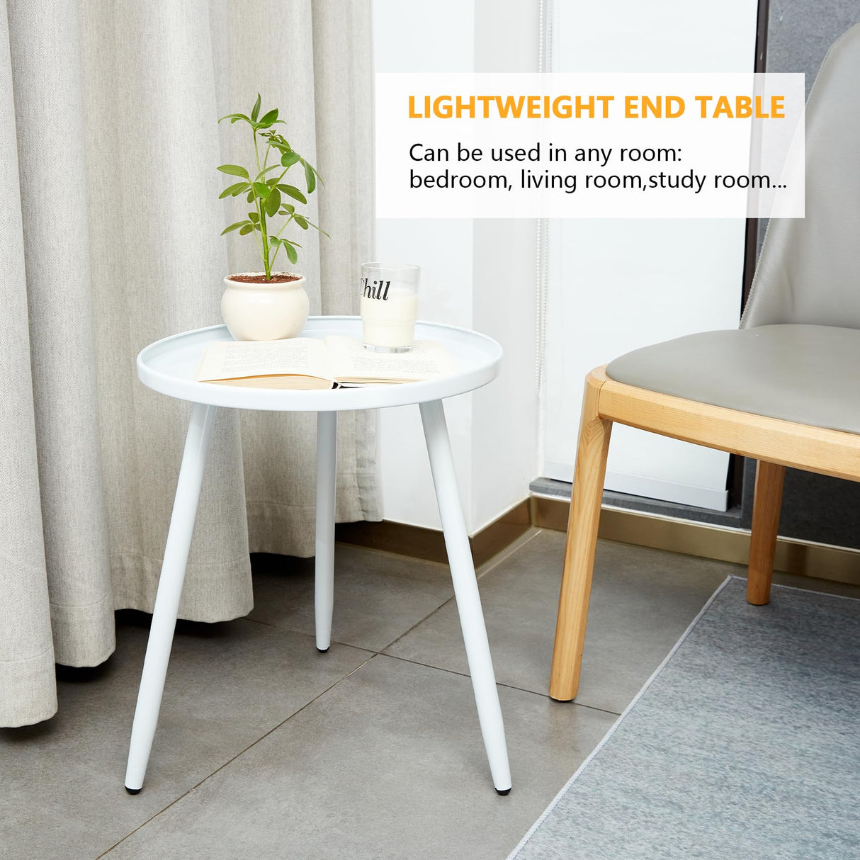 End/Side Tables - Small Round Accent Table, Metal White Narrow Night Stands