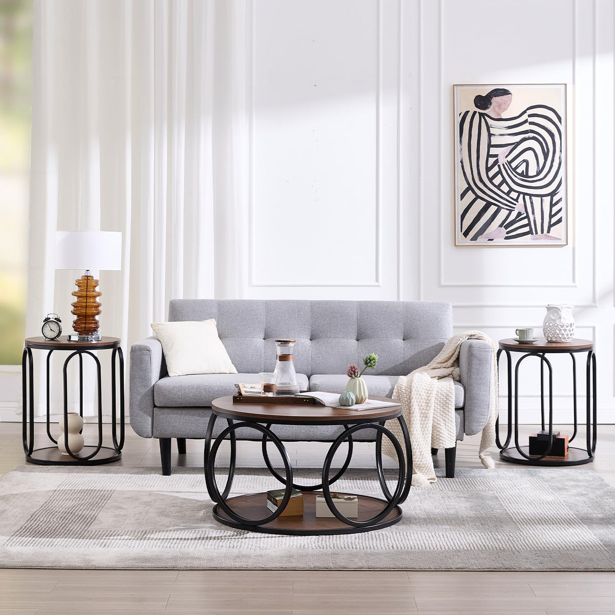 Round Industrial Coffee Table, Modern Round Coffee Table with Storage