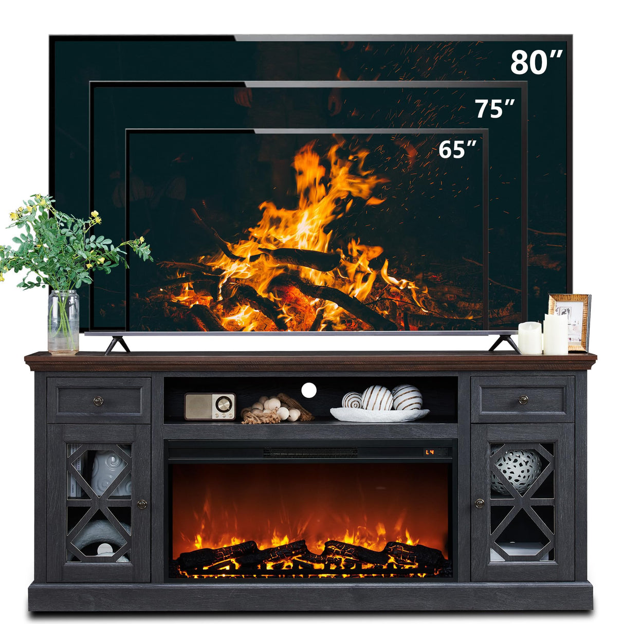 Farmhouse Fireplace TV Stand with 36" Electric Fireplace for 80 Inch TVs, 31" Tall