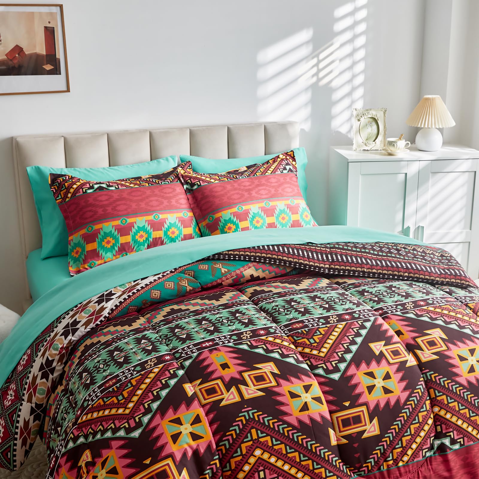 Boho Bed in a Bag 7 Pieces Queen Size, Colorful Bohemian Tribal Comforter