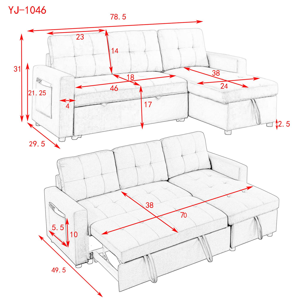 Reversible Sectional Sofa with Pull-Out Sleeper Bed, L-Shape 3-Seater Convertible Corner Sofa&Couches with Storage Chaise and Side Pockets ,Button Tufted Upholstery Couch for Living Room Furniture