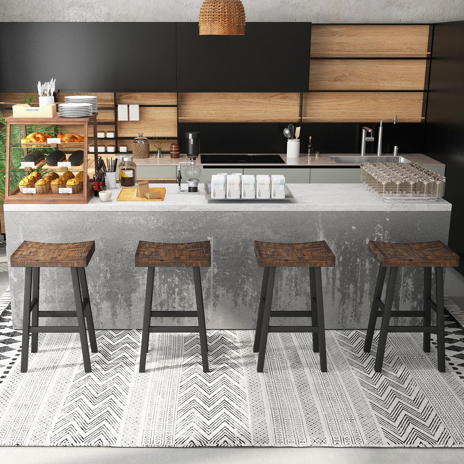 Wooden Saddle Stools Set of 4, 29-inch Bar Height Stools with Curved Seat Surface
