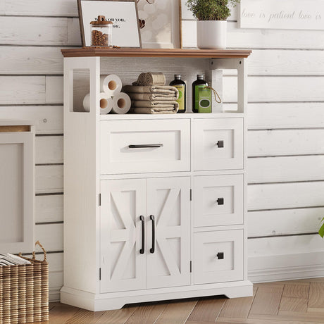 Farmhouse Storage Cabinet, Bathroom Floor Cabinet with 4 Drawers & Shelves