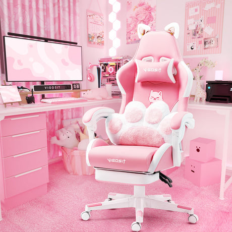 Pink Gaming Chair with Cat Paw Lumbar Cushion and Cat Ears