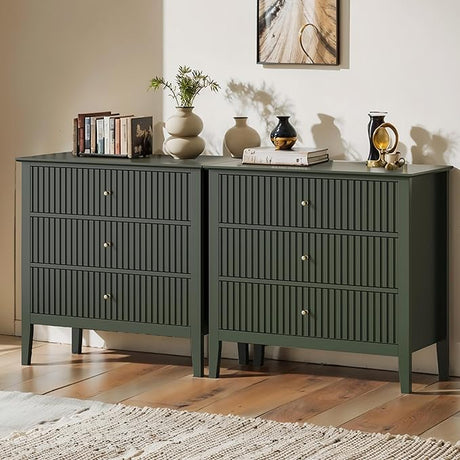 Fluted 3 Drawer Dresser Set of 2, Wide Chest of Drawers with Ball Bearing Slide Modern 30 inch Tall Wood