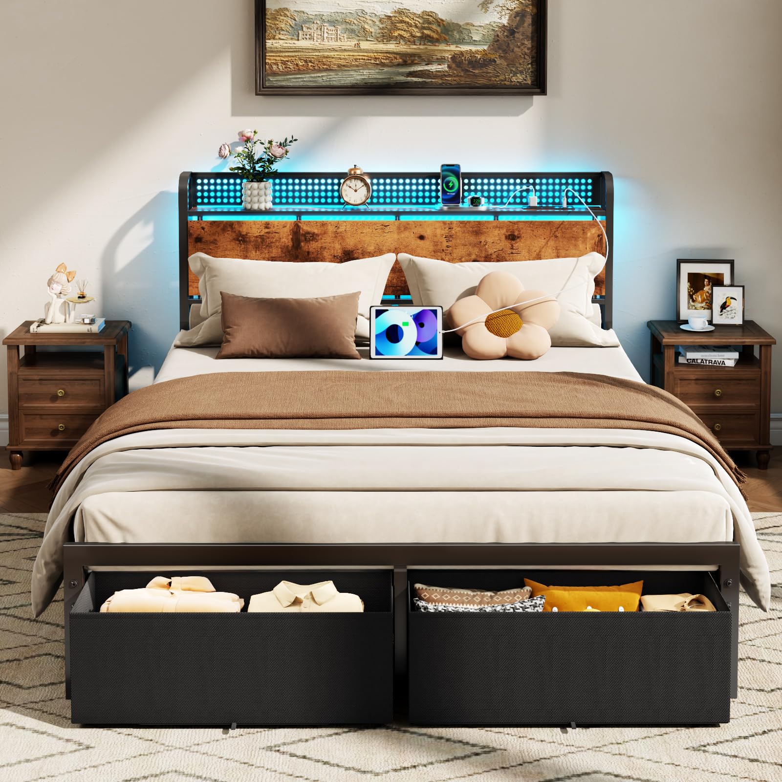 Queen Bed Frame with Storage Drawers and LED Lights